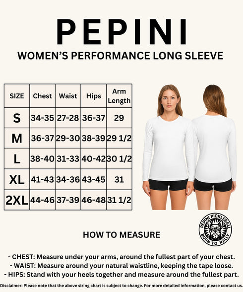 Pepini women's performance long sleeve shirt size chart with measurements.